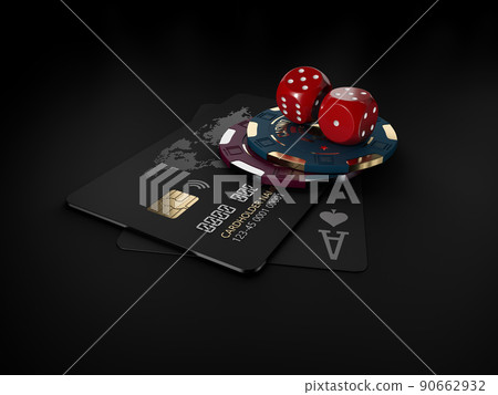 3d Rendering of casino gold chips and black play cards with bank card 3d Rendering of casino gold chips and black play cards with bank card 90662932