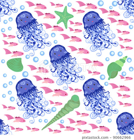 Seamless pattern with detailed transparent jellyfish. Childish seamless pattern with cute hand drawn fishes and jellyfishes in doodle style. Trendy nursery background Seamless pattern with detailed transparent jellyfish. Childish seamless pattern with cute hand drawn fishes and jellyfishes in doodle style. Trendy nursery background 90662966