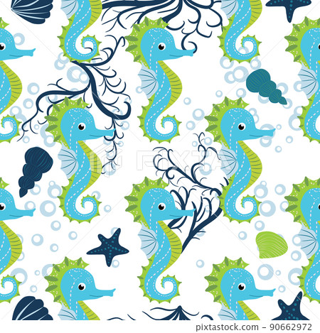 Cute seahorses cartoon seamless pattern. Hand drawn ocean animals. Nautical beach, Sea life fun underwater 90662972