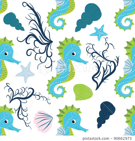 Cute seahorses cartoon seamless pattern. Hand drawn ocean animals. Nautical beach, Sea life fun underwater Cute seahorses cartoon seamless pattern. Hand drawn ocean animals. Nautical beach, Sea life fun underwater 90662973
