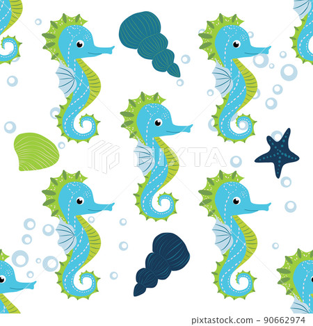 Cute seahorses cartoon seamless pattern. Hand drawn ocean animals. Nautical beach, Sea life fun underwater 90662974