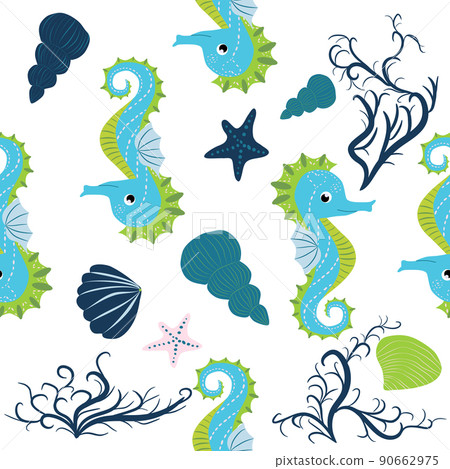 Cute seahorses cartoon seamless pattern. Hand... - Stock Illustration ...