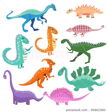Cute dinosaurs and tropic plants. Funny cartoon dino. 90662980