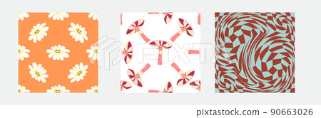 Set of retro 70s seamless pattern. Floral, swirl, mushrooms, peace symbol, camomile, smile Set of retro 70s seamless pattern. Floral, swirl, mushrooms, peace symbol, camomile, smile 90663026