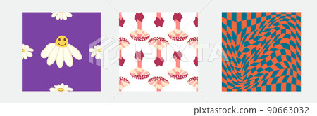 Set of retro 70s seamless pattern. Floral, swirl, mushrooms, peace symbol, camomile, smile Set of retro 70s seamless pattern. Floral, swirl, mushrooms, peace symbol, camomile, smile 90663032