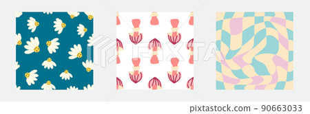 Set of retro 70s seamless pattern. Floral, swirl, mushrooms, peace symbol, camomile, smile 90663033