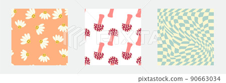 Set of retro 70s seamless pattern. Floral, swirl, mushrooms, peace symbol, camomile, smile Set of retro 70s seamless pattern. Floral, swirl, mushrooms, peace symbol, camomile, smile 90663034