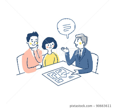 A couple listening to an explanation with a businessman explaining the blueprint 90663611