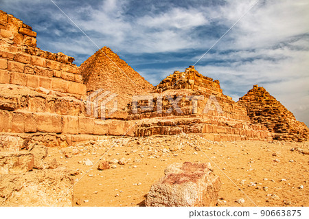 Ancient Pyramid of Mycerinus, Menkaura and the Pyramids of the Queens Menkaurev Giza, Egypt 90663875