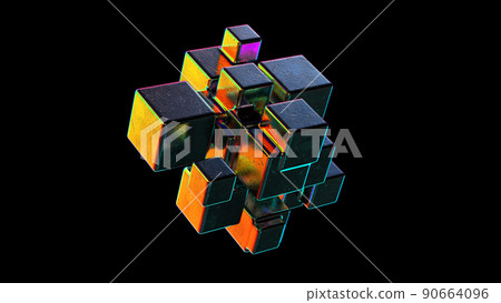 Abstract Metallic shape with colorful reflections 3d render Abstract Metallic shape with colorful reflections 3d render 90664096
