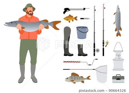Fisherman with fish in hands and tackle sketch Fisherman with fish in hands and tackle sketch 90664326