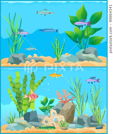 Colorful Cartoon Aquarium Fishes Set Promo Poster 90664341