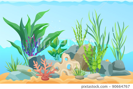 Seascape Rocks and Plants Vector Illustration 90664767