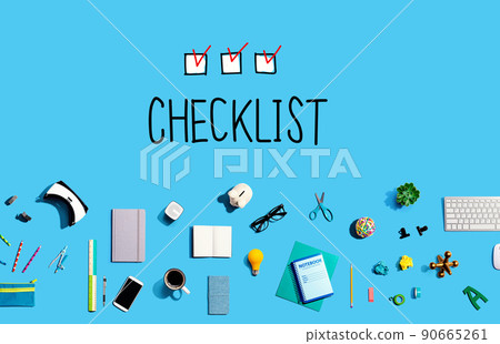 Checklist with electronic gadgets and office supplies Checklist with electronic gadgets and office supplies 90665261