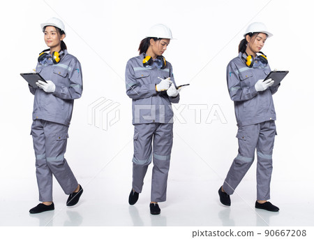 Full length 20s young Asian Woman contractor engineer, working hard thinking Full length 20s young Asian Woman contractor engineer, working hard thinking 90667208