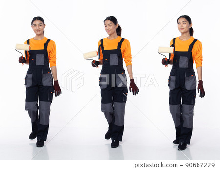 Full length 20s young Asian Woman decoration painter, walking forward left right Full length 20s young Asian Woman decoration painter, walking forward left right 90667229