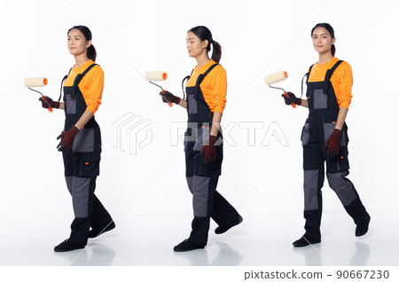 Full length 20s young Asian Woman decoration painter, walking forward left right Full length 20s young Asian Woman decoration painter, walking forward left right 90667230