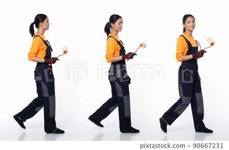 Full length 20s young Asian Woman decoration painter, walking forward left right Full length 20s young Asian Woman decoration painter, walking forward left right 90667231