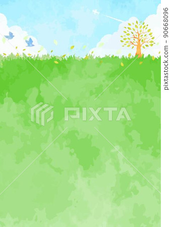 Simple hand-painted tree and meadow and sky landscape illustration 90668096