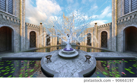 The courtyard of the palace with a fountain 90668197
