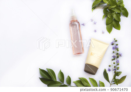 sunscreen spf50, water spray cosmetics health care for skin face arrangement flat lay style sunscreen spf50, water spray cosmetics health care for skin face arrangement flat lay style 90671470