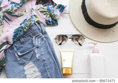 sunscreen spf50 cosmetics health care for skin face with sunglasses, flowers and cloth sunscreen spf50 cosmetics health care for skin face with sunglasses, flowers and cloth 90671471