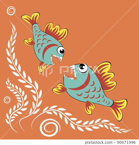 predatory evil piranha fish. Fabulous underwater world. Styling, cartoon style 90671996