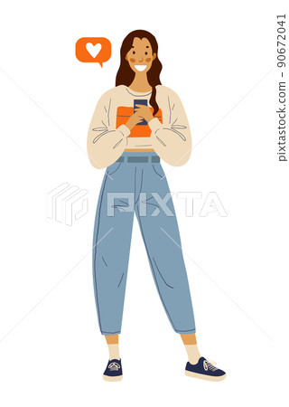 Modern young girl communicates on smartphone, gadget addiction concept, modern online work, chat with family and friends. Flat vector illustration isolated on white. 90672041