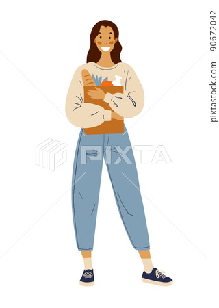 Happy girl holding a paper bag with natural farm products from the supermarket in her hands, healthy natural food concept. Flat cartoon vector character isolated on white background. Happy girl holding a paper bag with natural farm products from the supermarket in her hands, healthy natural food concept. Flat cartoon vector character isolated on white background. 90672042