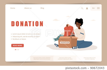 Donation landing page template. African woman putting old used clothes ready to be shared or recycled to cardboard box. Volunteering and social care concept. Vector illustration in flat cartoon style Donation landing page template. African woman putting old used clothes ready to be shared or recycled to cardboard box. Volunteering and social care concept. Vector illustration in flat cartoon style 90672043