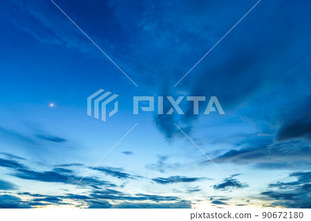 Twilight blue bright dramatic sunset sky and moon in countryside or beach colorful cloudscape texture with white clouds air background. Twilight blue bright dramatic sunset sky and moon in countryside or beach colorful cloudscape texture with white clouds air background. 90672180