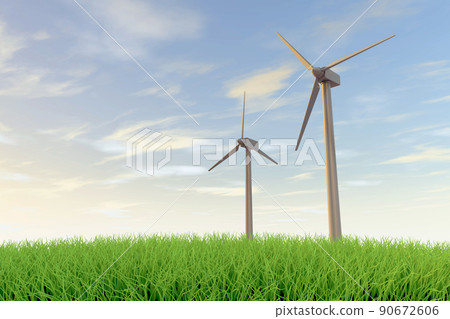 Wind turbines and the natural environment. A propeller that rotates with the force of the wind. Clean image. Renewable energy and the global environment. 90672606