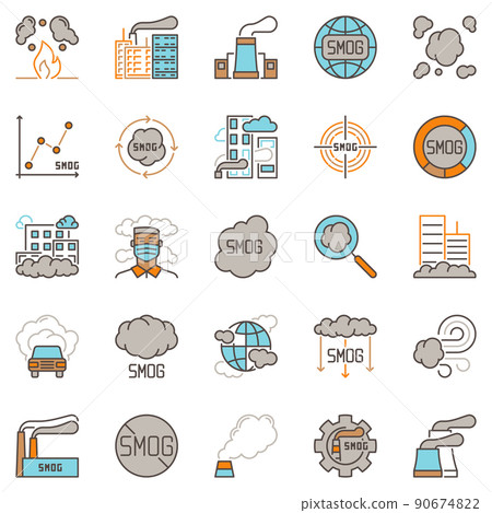 Smog icons collection. Vector Air Pollution and Smoke Fog signs 90674822