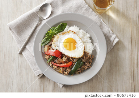 Delicious Gapao rice with fried egg Delicious Gapao rice with fried egg 90675416