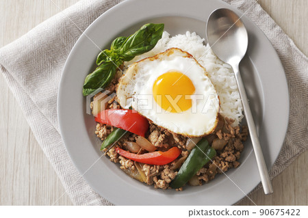 Delicious Gapao rice with fried egg 90675422