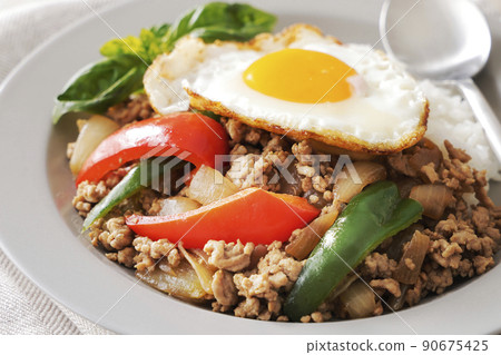 Delicious Gapao rice with fried egg 90675425