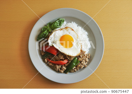 Delicious Gapao rice with fried egg 90675447