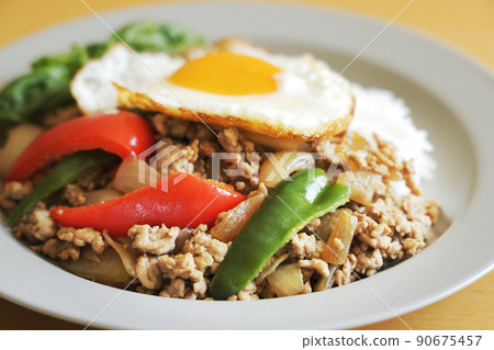 Delicious Gapao rice with fried egg Delicious Gapao rice with fried egg 90675457