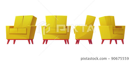Easychair. Comfortable soft yellow armchair different viewing angle back, front and side. Colorful modern interior object, empty contemporary design element vector cartoon flat isolated illustration Easychair. Comfortable soft yellow armchair different viewing angle back, front and side. Colorful modern interior object, empty contemporary design element vector cartoon flat isolated illustration 90675559