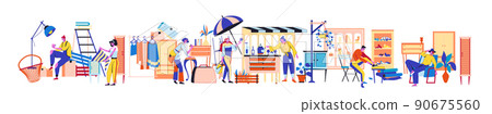 Resale market. Fair charity with choose accessories and fashion stuff. Second Hand shop. People buy used clothes or antique goods in flea bazaar stalls. Weekend discount marketplace. Vector sale store Resale market. Fair charity with choose accessories and fashion stuff. Second Hand shop. People buy used clothes or antique goods in flea bazaar stalls. Weekend discount marketplace. Vector sale store 90675560