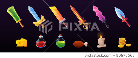 UI game. Fantasy weapon. Swords and potion vials. RPG arms. Isolated gaming map. Fantastic armor. Arrow and gold coins. Symbols of shooting life. Food and candle. Vector user interface elements set 90675565
