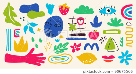 Doodle nature set. Abstract matisse background with bright colorful shape elements, floral paint texture and summer sticker art. Minimalist modern hand drawn scribble leaves, vector geometric design Doodle nature set. Abstract matisse background with bright colorful shape elements, floral paint texture and summer sticker art. Minimalist modern hand drawn scribble leaves, vector geometric design 90675566