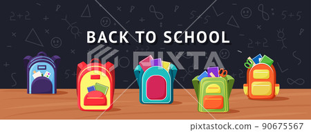 Cartoon schoolbag. Back to school. Knapsacks for kids and students. Chalk blackboard and colorful backpacks. Rucksacks with pupils stationery and textbooks. Vector college and university education Cartoon schoolbag. Back to school. Knapsacks for kids and students. Chalk blackboard and colorful backpacks. Rucksacks with pupils stationery and textbooks. Vector college and university education 90675567