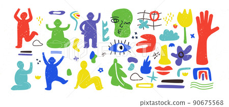 Abstract shapes and people. Cute doodle faces and geometry blobs, flowers and leaves with scribble silhouettes. Colorful strange characters in different poses, vector hand drawn isolated illustration 90675568