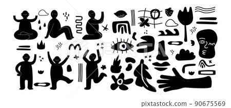 Black doodle people and flowers. Modern characters and shapes silhouettes set, abstract shapes, geometry blobs and leaves, strange man in different poses, hand drawn vector graphic isolated collection Black doodle people and flowers. Modern characters and shapes silhouettes set, abstract shapes, geometry blobs and leaves, strange man in different poses, hand drawn vector graphic isolated collection 90675569