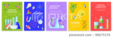 Science posters. Chemical laboratory cards. Medical flyer with test tubes and physics molecules. DNA and bacteria. Pharmacy and biology experiments. Innovation scientific research. Vector banners set Science posters. Chemical laboratory cards. Medical flyer with test tubes and physics molecules. DNA and bacteria. Pharmacy and biology experiments. Innovation scientific research. Vector banners set 90675570
