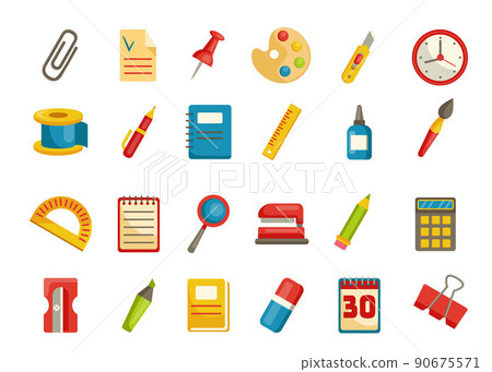 Stationery tool. Office accessory flat icons. Isolated pen and pencil. Paint brush and palette. Colorful markers. Paper knife. Clock and calendar. Notebook page. Vector school supplies graphic set Stationery tool. Office accessory flat icons. Isolated pen and pencil. Paint brush and palette. Colorful markers. Paper knife. Clock and calendar. Notebook page. Vector school supplies graphic set 90675571