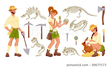 Archeology tools. Palaeontologist instrument. Archaeologists search skulls and antiquities. Person with dinosaur bone or ancient vase. Isolated history instruments. Vector paleontology excavation set 90675573