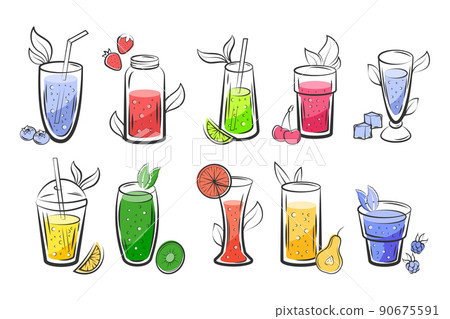 Detox juice sketch. Fresh diet cocktail drinks with vegan ingredients. Healthy menu of cold beverages and vitamin recipes. Fruit and berry soda glasses set. Summer lemonade. Vector design background Detox juice sketch. Fresh diet cocktail drinks with vegan ingredients. Healthy menu of cold beverages and vitamin recipes. Fruit and berry soda glasses set. Summer lemonade. Vector design background 90675591