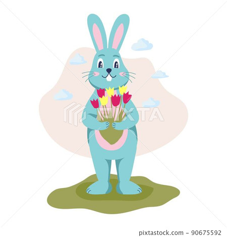 The character is a rabbit with a bouquet of tulips. Spring mood, April. Flat cartoon vector illustration The character is a rabbit with a bouquet of tulips. Spring mood, April. Flat cartoon vector illustration 90675592